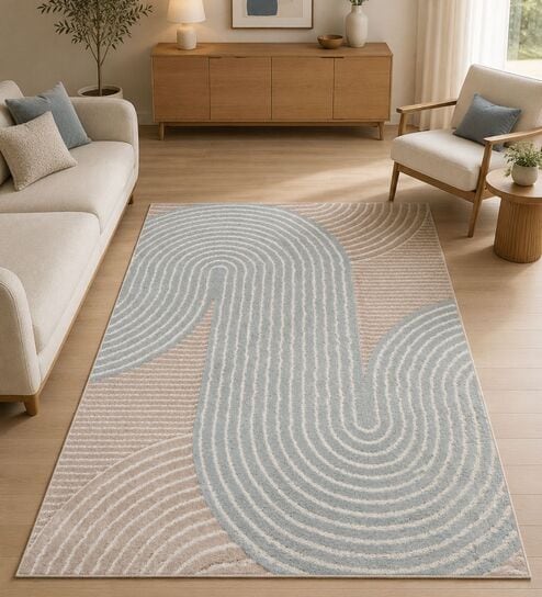 Beige & Grey Contemporary Freize 5 x 7 Feet Machine -Made Carpet-image-23