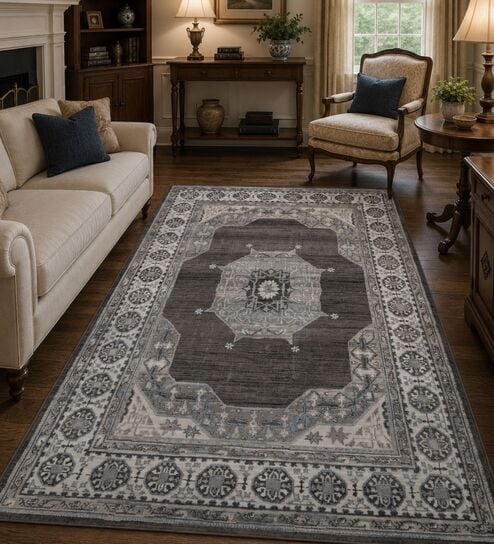 Beige & Grey Traditional PP Heatset 5 x 7 Feet  Machine -Made Carpet