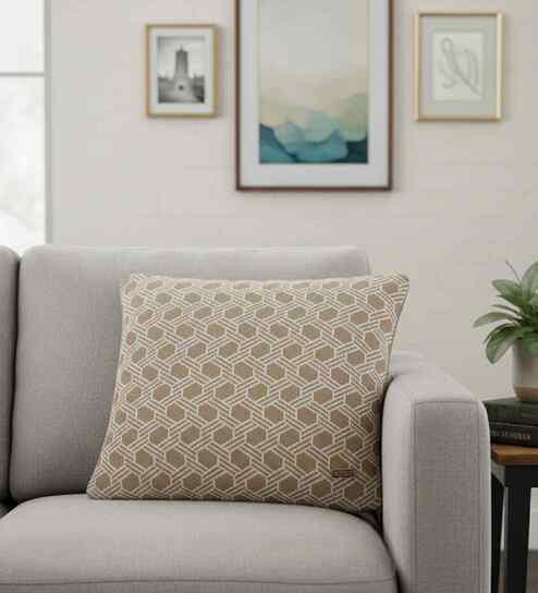 Beige & Natural 100% Cotton Geometric 16X16 Inches Knitted Cushion Cover