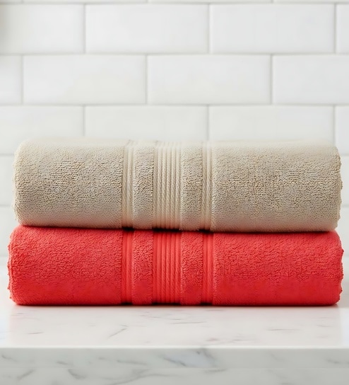 Beige & Red Soft Cotton 500 GSM Solid Bath Towel Pack Of 2
