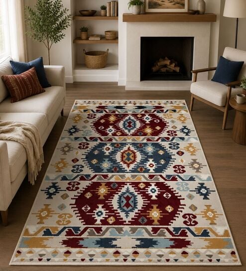 Beige & Red Traditional PP Heatset 3 x 5 Feet Machine -Made Carpet-image-30