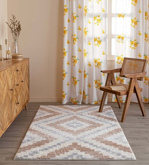 Beige & Silver Abstract Polyester 3 x 5 Feet Machine Made Carpet