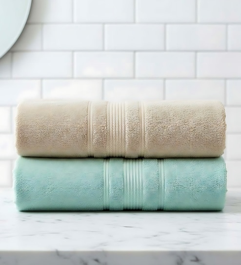 Beige & Water Green Soft Cotton 500 GSM Solid Bath Towel Pack Of 2