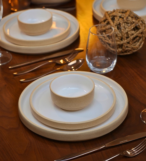 (Set Of 6) Beige & White Stoneware Small Bowl
