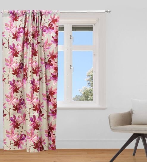 Beige Floral Cotton Blend 7 Ft Blackout Rod Pocket Door Curtain by Zeba