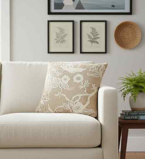 Beige Cotton Linen Florista- Embroidery 18X18 Inches Knitted Cushion Cover