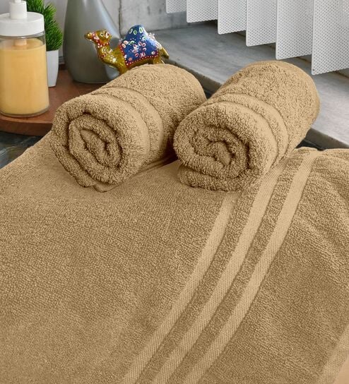 Beige Cotton Solid 550 GSM 3 Pcs Towels Set