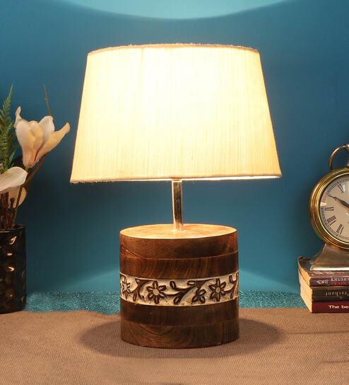 Shady Beige Fabric Shade Table Lamp With Mango wood Base