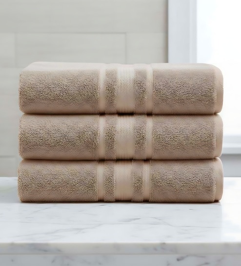 Beige Soft Cotton 500 GSM Solid Bath Towel Pack Of 3