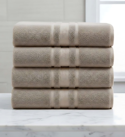 Beige Soft Cotton 500 GSM Solid Bath Towel Pack Of 4