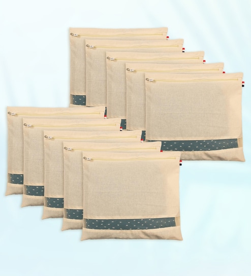 Beige 10 Pcs Cotton Saree Clothes Bags With Zip Closure