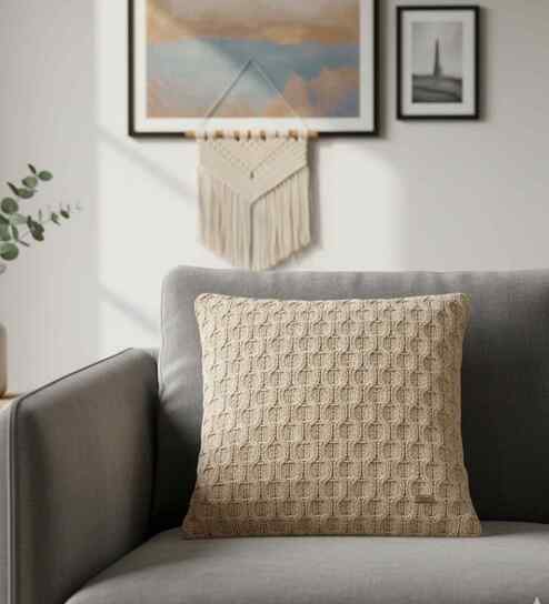 Beige 100% Cotton Kelly 16X16 Inches Knitted Cushion Cover