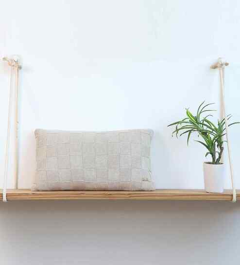 Beige 100% Cotton Square Check 12X20 Inches Knitted Cushion Cover