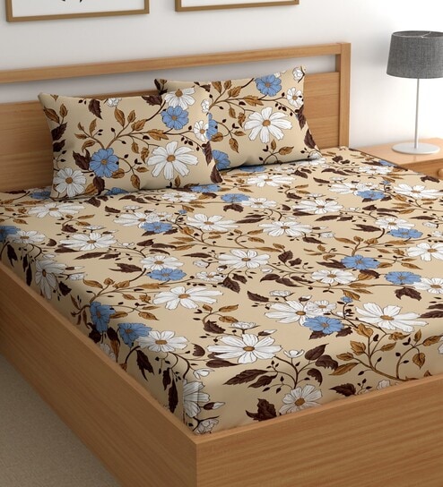 Beige 200 TC Floral Cotton Queen Double Bedsheet 2 Pillow covers