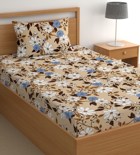Beige 200 TC Floral Cotton Single Bedsheet Pillow covers