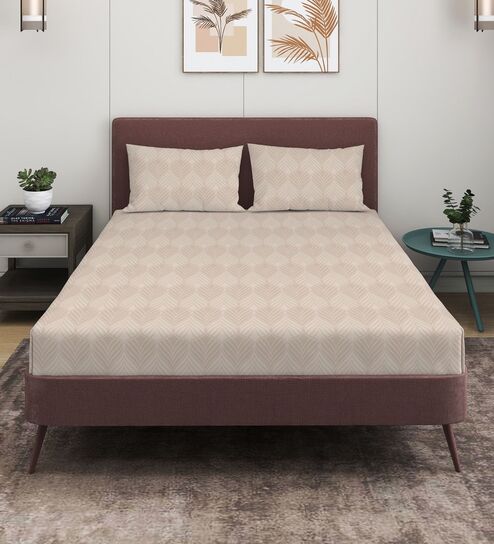 Beige 280 TC Glace Cotton Fitted Bedsheet With Embossed Leaf Pattern