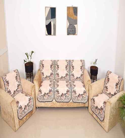 Beige 5 Seater Floral 10Pcs Sofa Covers