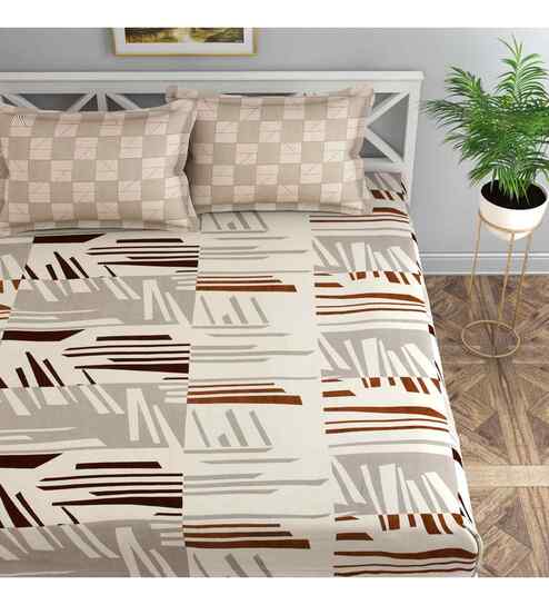 Beige Abstract 144 TC Cotton Queen Sized Bedsheet Bedsheet 2 Pillow Prime Collection