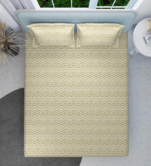 Beige Abstract 144 TC Cotton Queen Sized Double Bedsheet with 2 Pillow Covers Wave Drift Collection