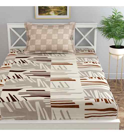 Beige Abstract 144 TC Cotton Single Bed Sheet Bedsheet 1 Pillow Prime Collection
