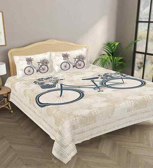 Beige Abstract 180 TC Cotton  King Sized Bedsheet with 2 Pillow Covers