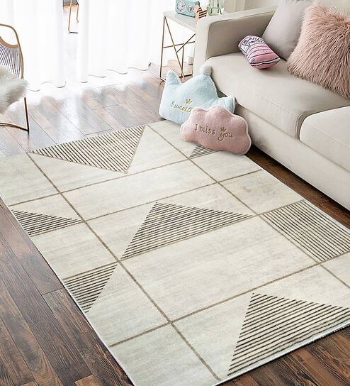 Beige Abstract 3 ft x 5 ft Machine Made Carpet