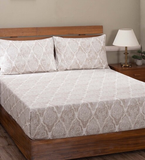 Beige Traditional 400 TC 100% Cotton King Sized Bed Sheets with 2 Pillow Covers by Maspar