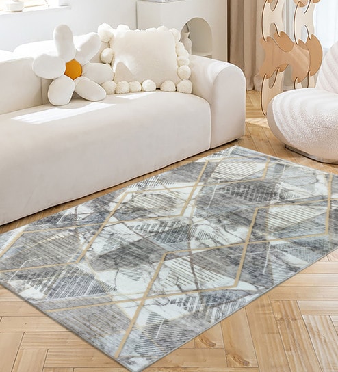 Grey Abstract Microfibre 3 ft X 5 ft Machine Made Carpet