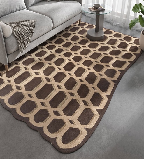 Beige Abstract Wool and Viscose 6 ft X 9 ft Hand Tufted Irregular Carpet