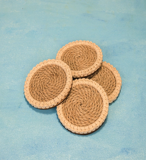 Beige Acacia Wood  (Set of 4) Jute Coaster