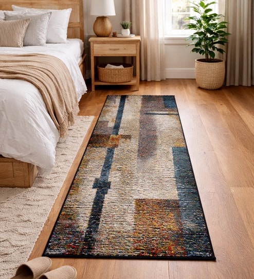 Beige and Blue Abstract Polypropylene 5 ft x 2.5 ft Machine Made Runner