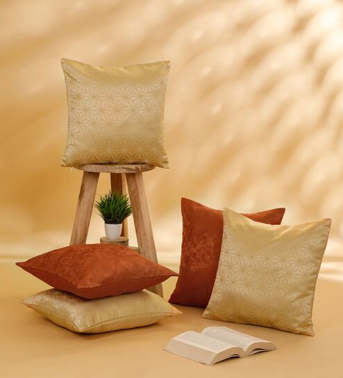 Beige and Rust Polyester Geometric 16x16 inches Cushion Cover Set of 5