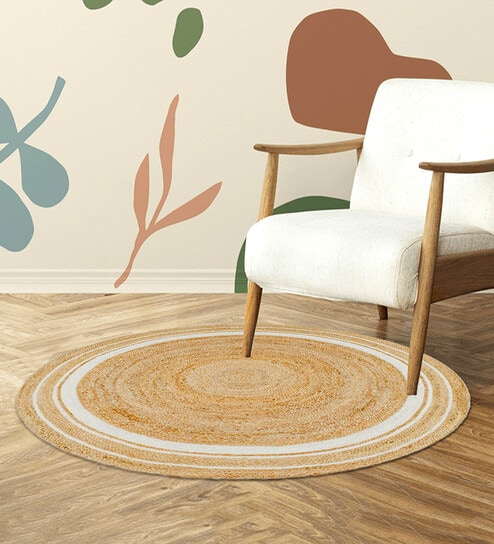 Beige and White Jute 2 Feet Round Carpet