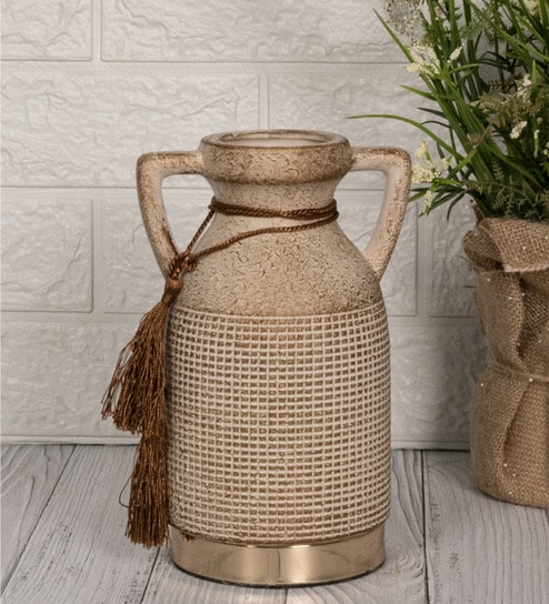 Beige Antique Vintage Rustic Charm Ceramic Amphora Shaped Vase