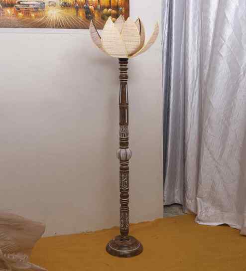 Beige Bamboo Lotus Wooden Floor Lamp
