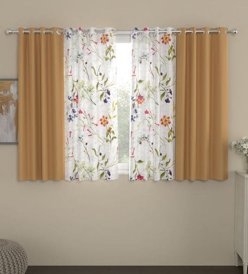 Beige Floral Polyester 5 Ft Blackout Eyelet Window Curtains (Set of 4)