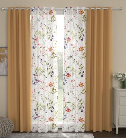 Beige Floral Polyester 7 Ft Blackout Eyelet Door Curtains (Set of 4) by ROSARAHOME
