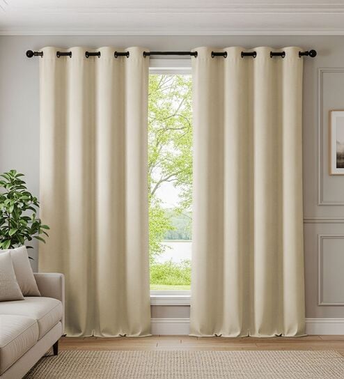 Beige Blackout Polyester Polyester Curtains for Long Door Pack of 2