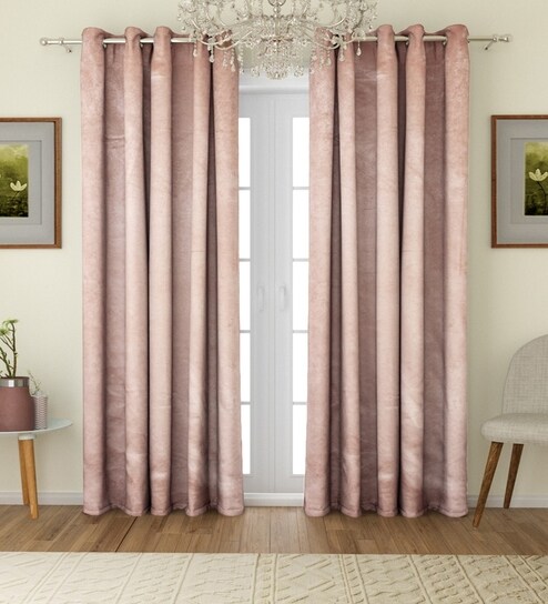 Beige Velvet Solid 7 Ft Blackout Eyelet 2 Door Curtains