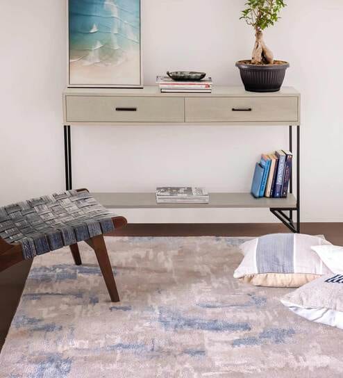 Beige Blended Wool Abstract 4 ft x 6 ft Hand Tufted Carpet
