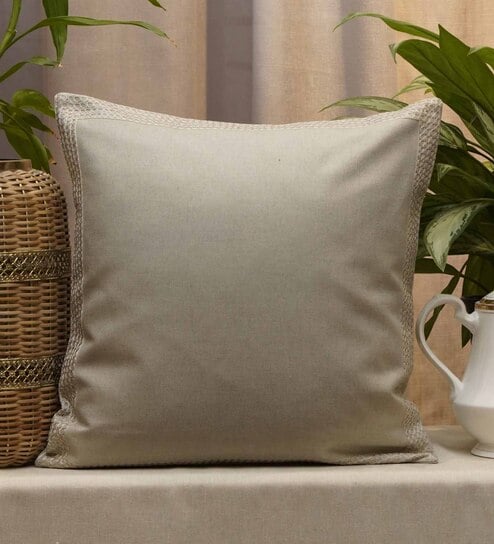 Beige Solid Polyester Blend 16 x 16 Inches Cushion Cover