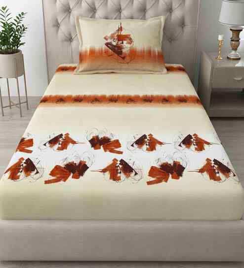 Beige Brown Autumn Delight Single 186 TC Cotton Bedsheet With 1 Pillow Cover