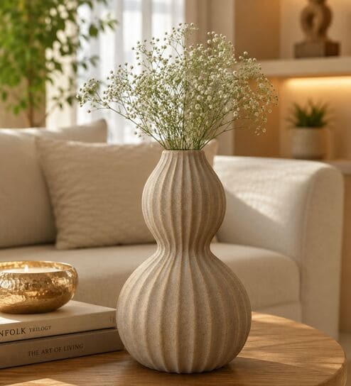 ashnam Beige Brun Elegant Ribbed Double Gourd Decorative Vase-picture-10