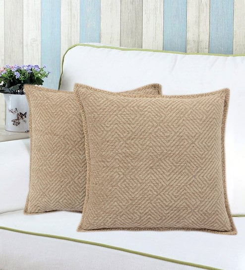 Beige Woven Chenille 16 x 16 Inches Cushion Covers (Set of 2)