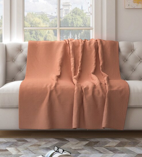 Buy Beige Cotton Unique Waffle Design Throw By Saral Home Online