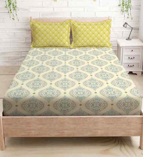 Beige Cotton 1  Queen Bedsheet with 2 Pillow Covers