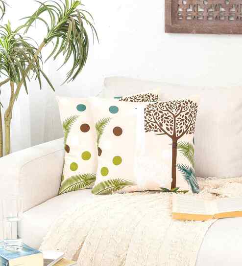 Beige Cotton Floral 16x16 inches Cushion Cover Set of 2