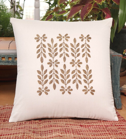 Beige Floral Cotton Blend 16 x 16 Inches Cushion Cover by Zeba