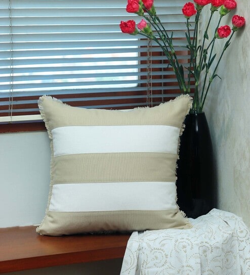 Beige Striped Cotton Blend 16 x 16 Inches Cushion Cover by Zeba