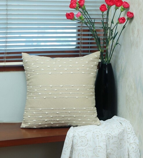 Beige Striped Cotton Blend 16 x 16 Inch Cushion Cover by Zeba